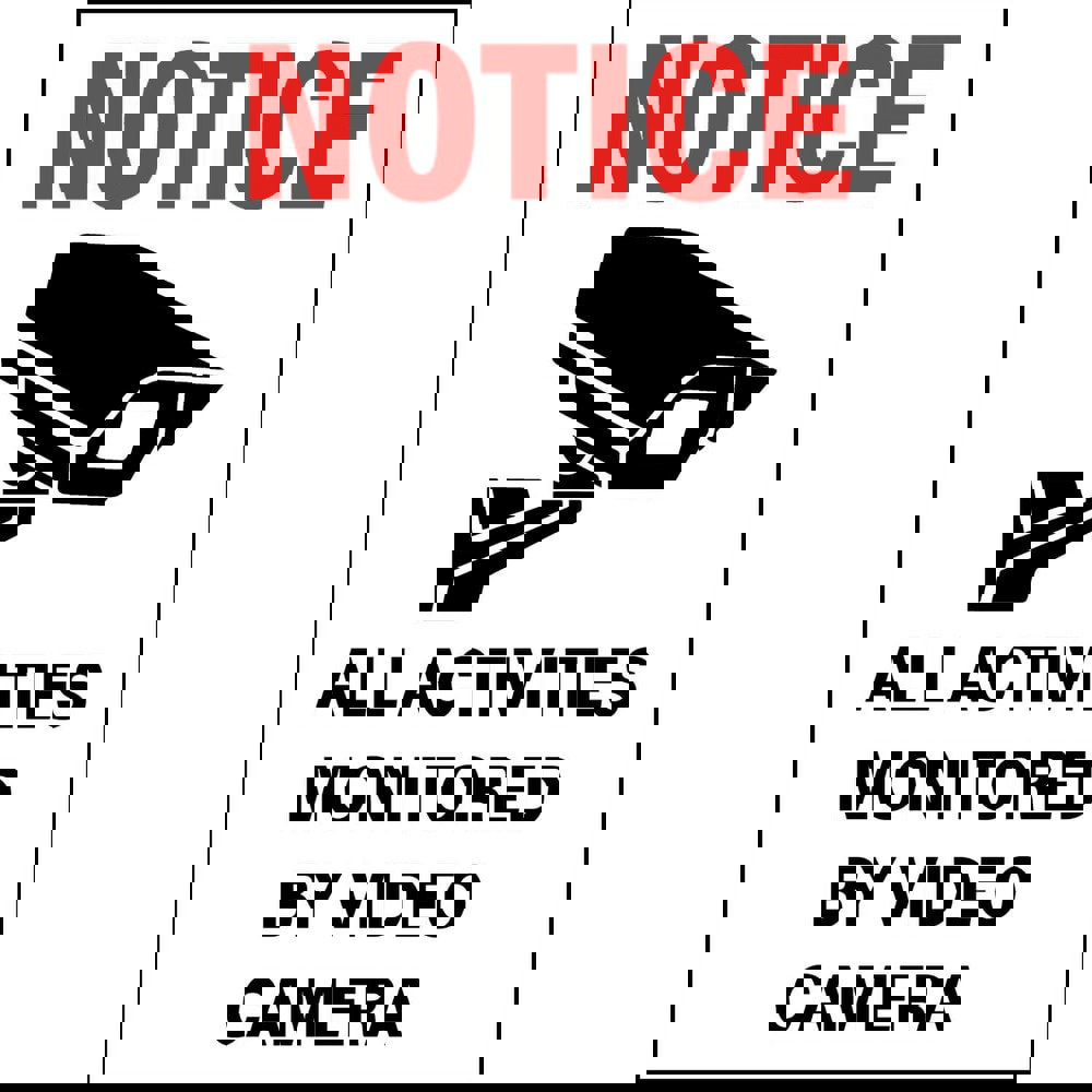 Safety Signs; Family: Safety Sign ; Sign Type: Exit; Facility; Security & Admittance; Fire; Visitor; Workplace ; Sign Header: Notice ; Legend: NOTICE ALL ACTIVITIES MONITOREDBY VIDEO CAMERA ; Message/Graphic: Message & Graphic ; Graphic Type: Video Camera